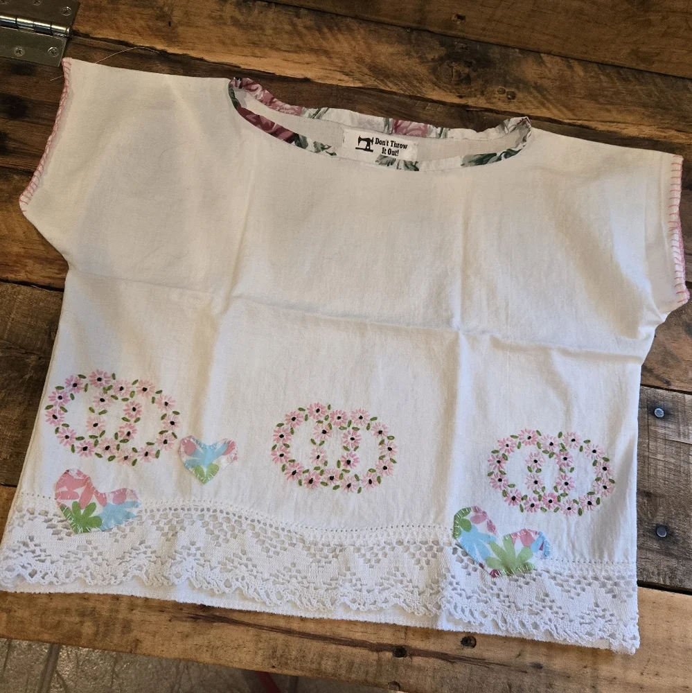 Vtg Upcycled Textile Crop Top Girls M Embroidered Dont Throw It Out